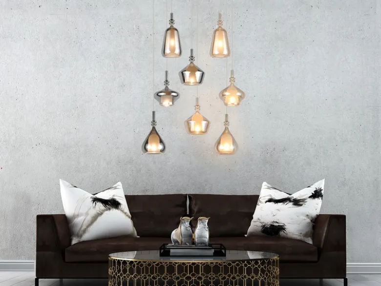LED Cluster Pendelleuchte 8-flammig Glas Bernstein & Chrom verspiegelt, Ø 72cm