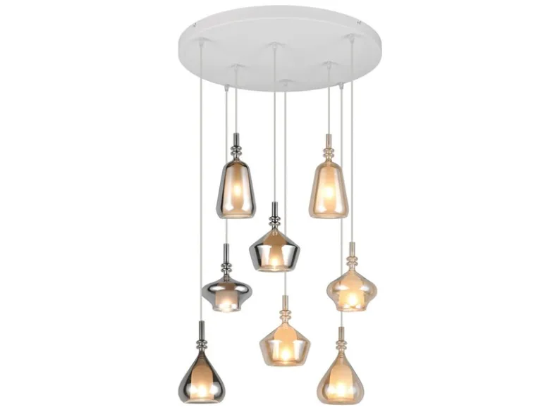 LED Cluster Pendelleuchte 8-flammig Glas Bernstein & Chrom verspiegelt, Ø 72cm