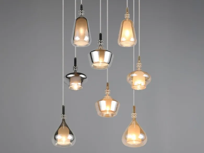 LED Cluster Pendelleuchte 8-flammig Glas Bernstein & Chrom verspiegelt, Ø 72cm