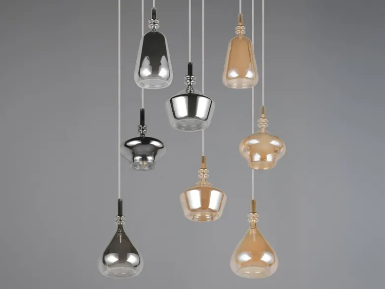 LED Cluster Pendelleuchte 8-flammig Glas Bernstein & Chrom verspiegelt, Ø 72cm