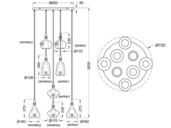LED Cluster Pendelleuchte 8-flammig Glas Bernstein & Chrom verspiegelt, Ø 72cm