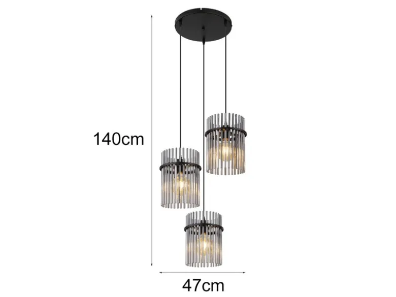 LED Cluster Pendelleuchte 3-flammig mit Rauchglas Stäben, Ø 47cm
