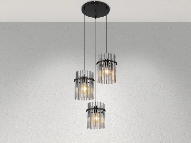 LED Cluster Pendelleuchte 3-flammig mit Rauchglas Stäben, Ø 47cm