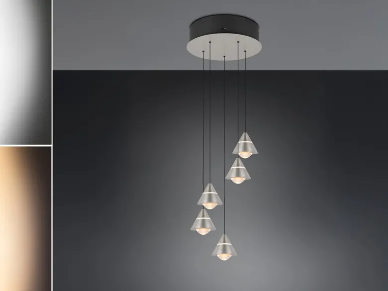 LED Cluster Pendelleuchte ROMEO höhenverstellbar, 5-flammig Silber Ø 28cm