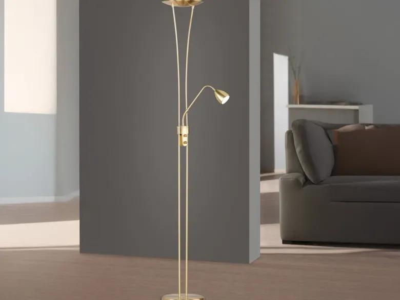 LED Deckenfluter ARIZONA mit Leselampe & Dimmer 180cm hoch, Messing