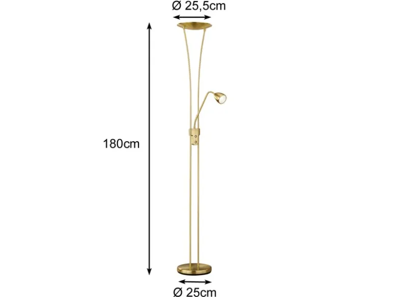 LED Deckenfluter ARIZONA mit Leselampe & Dimmer 180cm hoch, Messing