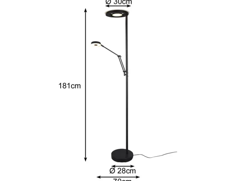 LED Deckenfluter BARRIE mit Leselampe verstellbar Schwarz, Höhe 181cm