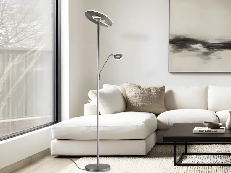 LED Deckenfluter DENT Silber mit Leselampe dimmbar, Höhe 180cm
