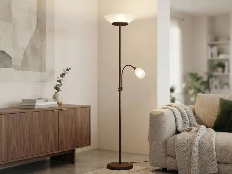 LED Deckenfluter mit Leselampe, Rostoptik & Glasschirme weiß, Höhe 180cm