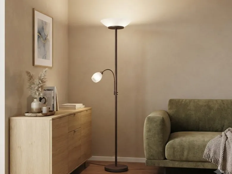 LED Deckenfluter mit Leselampe, Rostoptik & Glasschirme weiß, Höhe 180cm