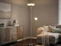 LED Deckenfluter mit Leselampe, Silber & Glasschirme weiß, Höhe 180cm