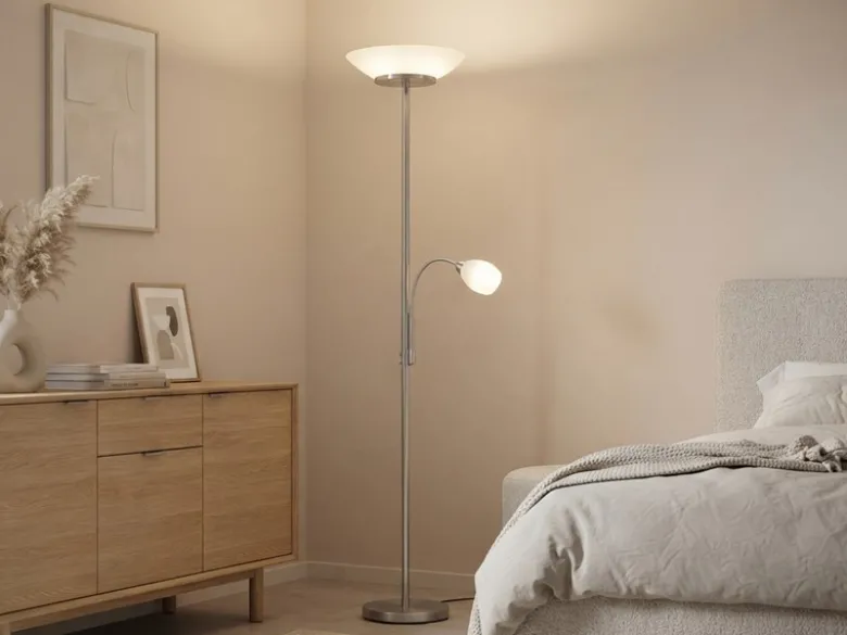 LED Deckenfluter mit Leselampe, Silber & Glasschirme weiß, Höhe 180cm