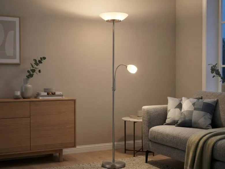 LED Deckenfluter mit Leselampe, Silber & Glasschirme weiß, Höhe 180cm