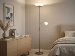 LED Deckenfluter mit Leselampe, Silber & Glasschirme weiß, Höhe 180cm
