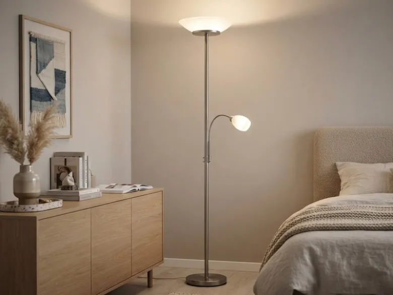 LED Deckenfluter mit Leselampe, Silber & Glasschirme weiß, Höhe 180cm