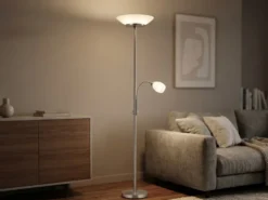 LED Deckenfluter mit Leselampe, Silber & Glasschirme weiß, Höhe 180cm
