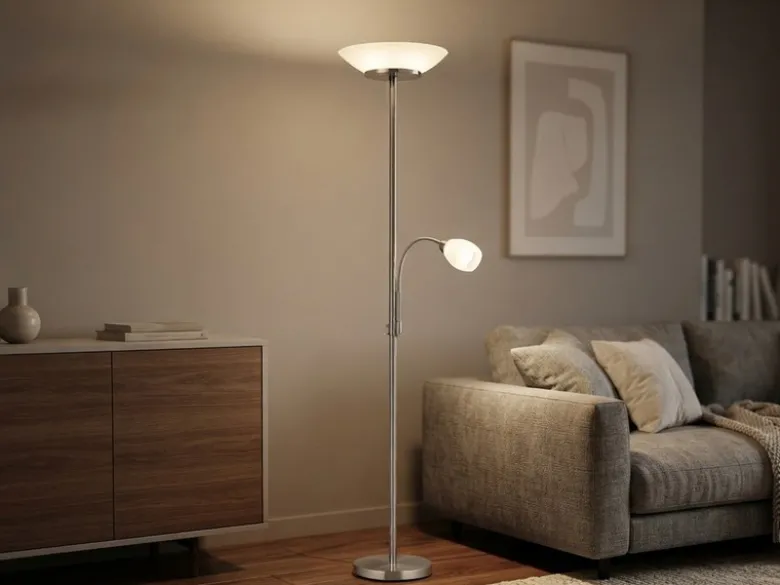 LED Deckenfluter mit Leselampe, Silber & Glasschirme weiß, Höhe 180cm