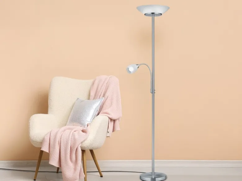 LED Deckenfluter mit Leselampe, Silber & Glasschirme weiß, Höhe 180cm