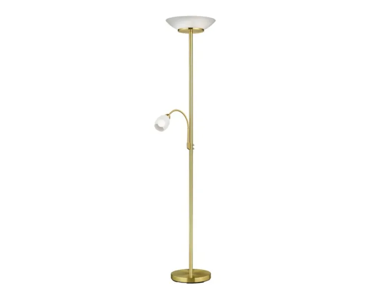 LED Deckenfluter mit Leselampe, Messing & Glasschirme weiß, Höhe 180cm