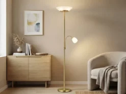 LED Deckenfluter mit Leselampe, Messing & Glasschirme weiß, Höhe 180cm