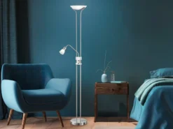 LED Deckenfluter SANTO II dimmbar mit Leselampe in Silber, Höhe 180cm