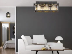 LED Deckenlampe mit Rauchglas Kristallen 3-flammig Metall Schwarz, Breite 51cm