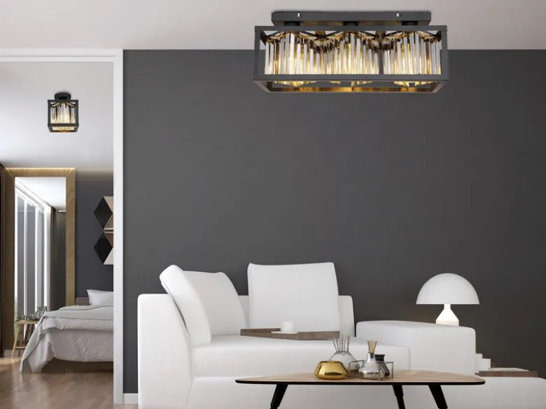 LED Deckenlampe mit Rauchglas Kristallen 3-flammig Metall Schwarz, Breite 51cm