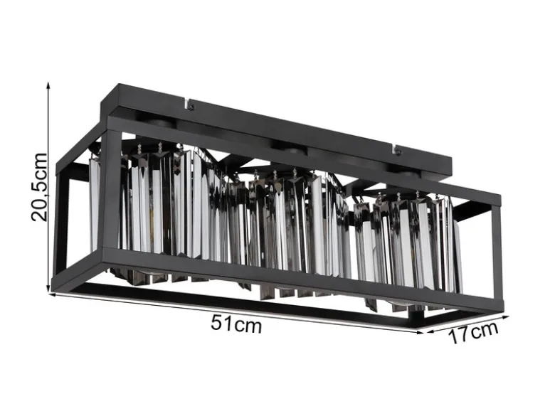 LED Deckenlampe mit Rauchglas Kristallen 3-flammig Metall Schwarz, Breite 51cm