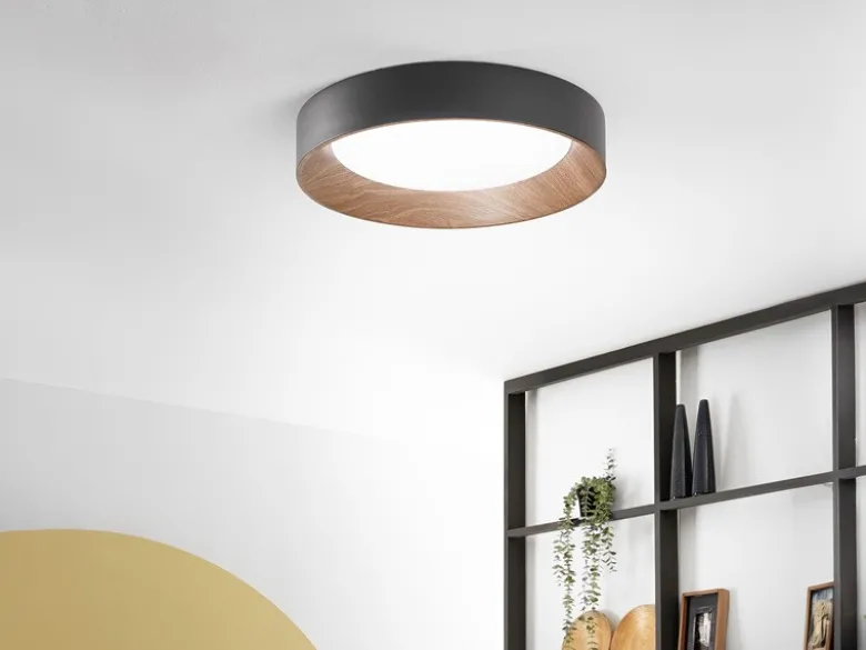 LED Deckenleuchte ARKA Schwarz mit Holzoptik & 3 Lichtfarben, Ø 40cm