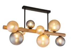LED Deckenleuchte aus Holz 9-flammig Glaskugeln Rauchglas & Bernstein, B: 78cm