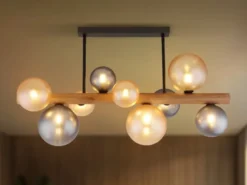 LED Deckenleuchte aus Holz 9-flammig Glaskugeln Rauchglas & Bernstein, B: 78cm