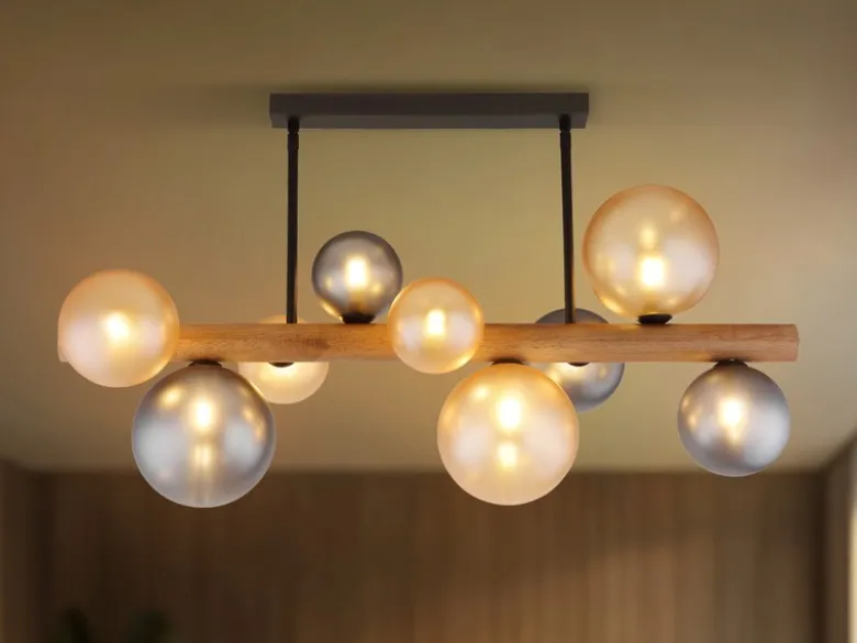 LED Deckenleuchte aus Holz 9-flammig Glaskugeln Rauchglas & Bernstein, B: 78cm