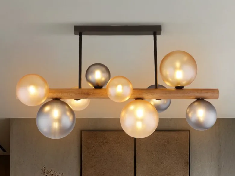 LED Deckenleuchte aus Holz 9-flammig Glaskugeln Rauchglas & Bernstein, B: 78cm