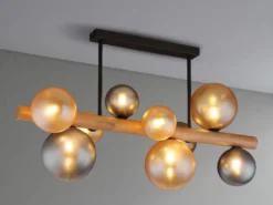 LED Deckenleuchte aus Holz 9-flammig Glaskugeln Rauchglas & Bernstein, B: 78cm