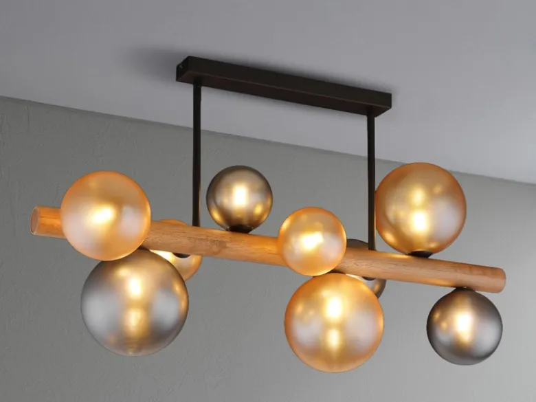 LED Deckenleuchte aus Holz 9-flammig Glaskugeln Rauchglas & Bernstein, B: 78cm