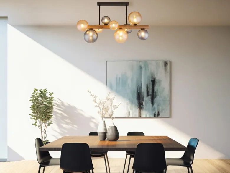 LED Deckenleuchte aus Holz 9-flammig Glaskugeln Rauchglas & Bernstein, B: 78cm