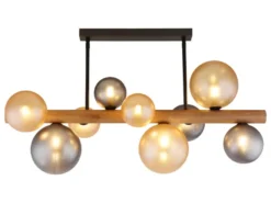 LED Deckenleuchte aus Holz 9-flammig Glaskugeln Rauchglas & Bernstein, B: 78cm