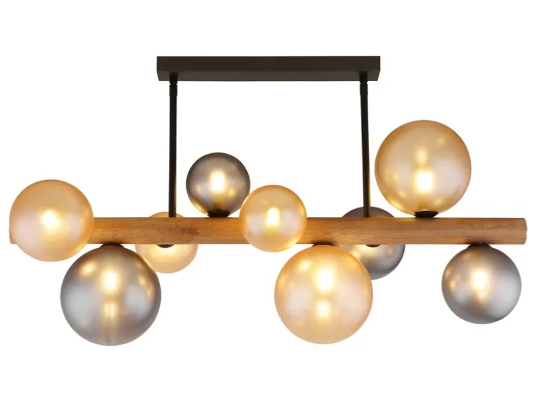 LED Deckenleuchte aus Holz 9-flammig Glaskugeln Rauchglas & Bernstein, B: 78cm