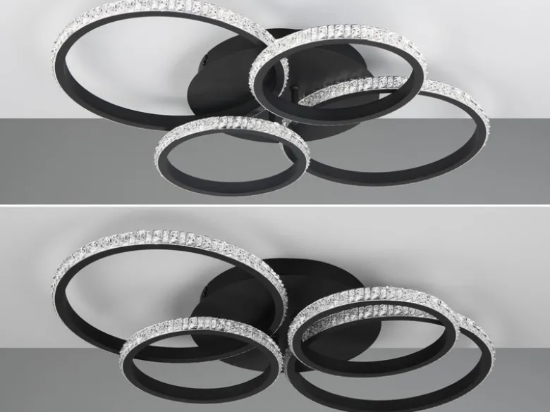 LED Deckenleuchte CIRES dimmbar, Kristall Ringe schwenkbar, Schwarz, Breite 65cm