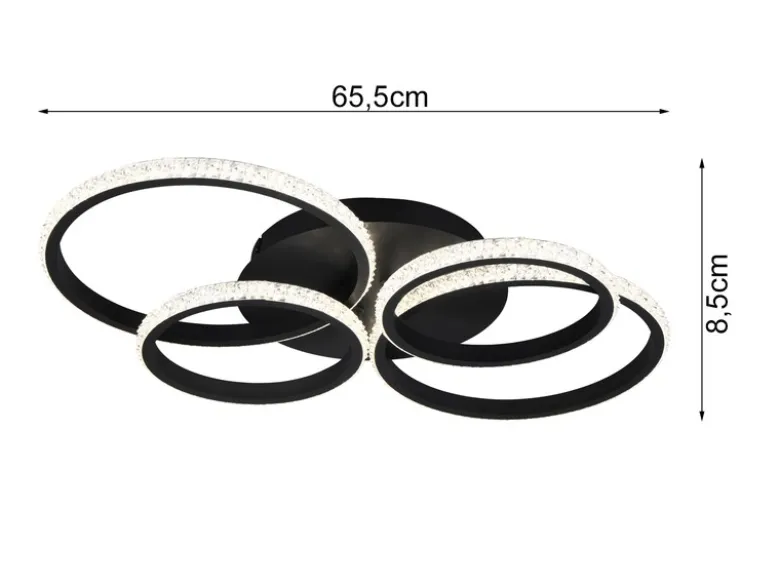 LED Deckenleuchte CIRES dimmbar, Kristall Ringe schwenkbar, Schwarz, Breite 65cm