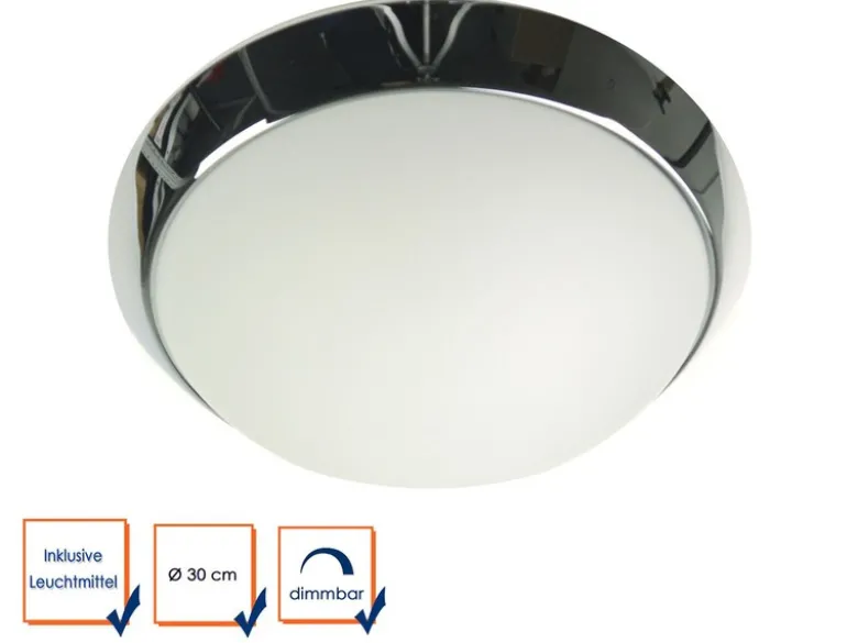 LED Deckenleuchte / Deckenschale rund, Opalglas matt, Dekorring Chrom, Ø 30cm