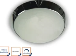 LED Deckenleuchte / Deckenschale rund, Glas Alabaster, Dekorring Chrom, Ø 30cm