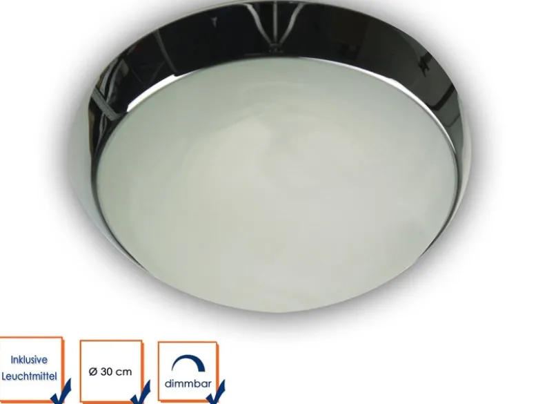 LED Deckenleuchte / Deckenschale rund, Glas Alabaster, Dekorring Chrom, Ø 30cm