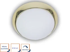LED Deckenleuchte Deckenschale Opalglas matt, Dekorring Messing poliert, Ø 45cm