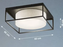 LED Deckenleuchte eckig groß mit Leinen Stoffschirm Beige, Quadrat 60cm
