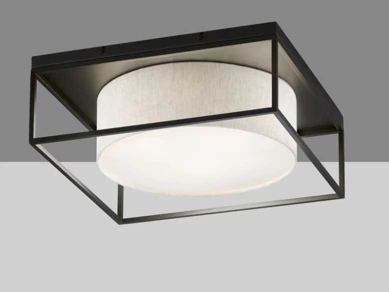 LED Deckenleuchte eckig groß mit Leinen Stoffschirm Beige, Quadrat 60cm