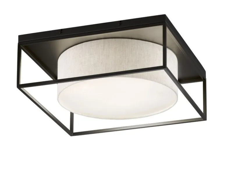 LED Deckenleuchte eckig groß mit Leinen Stoffschirm Beige, Quadrat 60cm