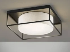 LED Deckenleuchte eckig groß mit Leinen Stoffschirm Beige, Quadrat 50cm