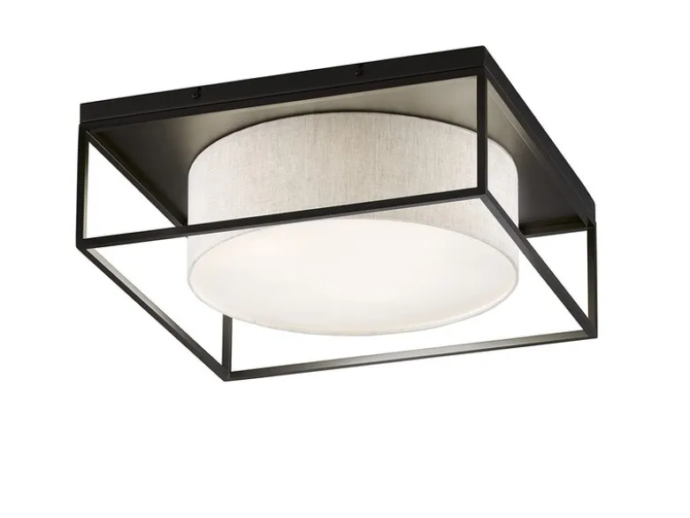 LED Deckenleuchte eckig groß mit Leinen Stoffschirm Beige, Quadrat 50cm