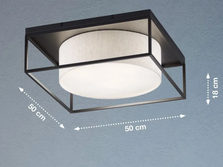 LED Deckenleuchte eckig groß mit Leinen Stoffschirm Beige, Quadrat 50cm